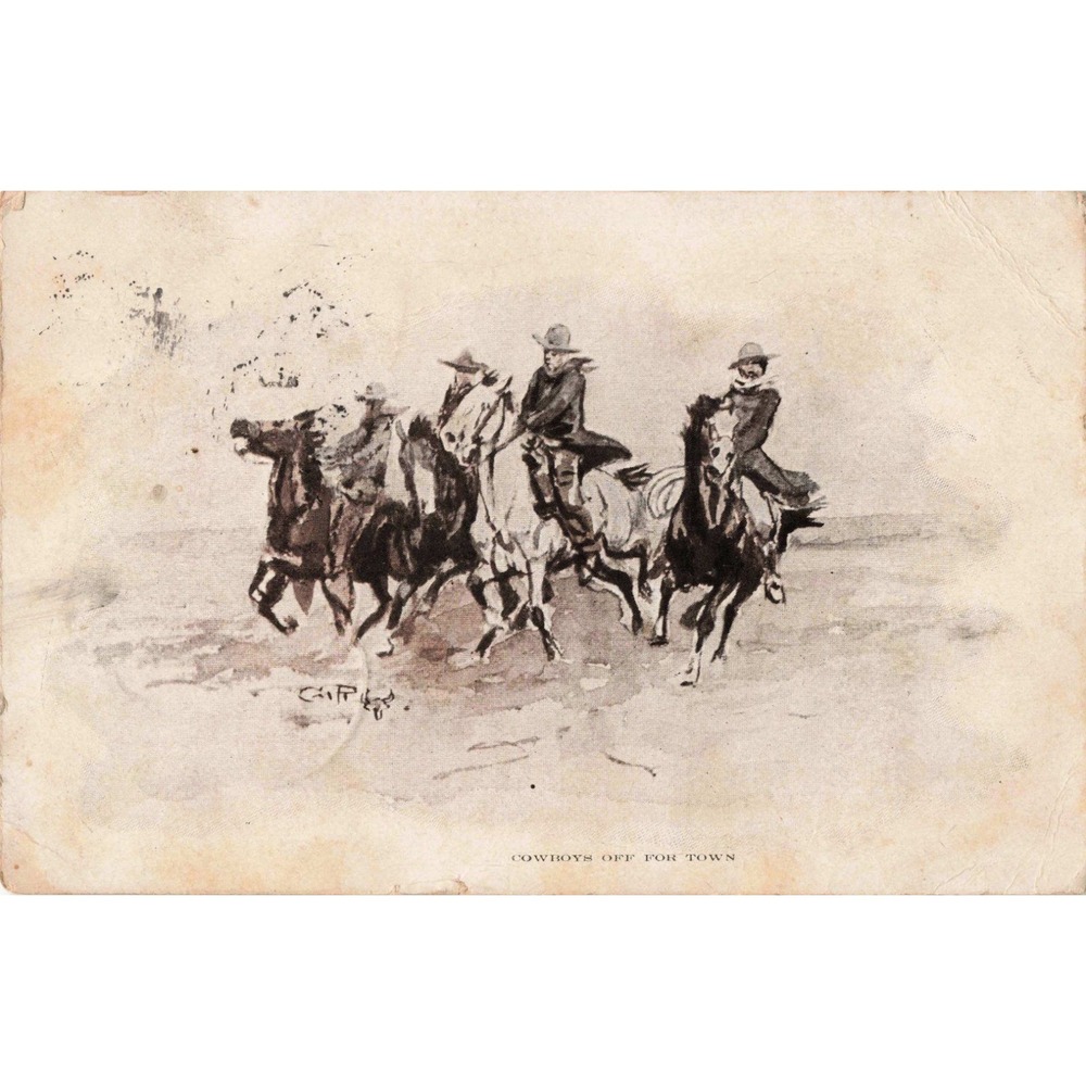 Vtg 1909 Charles M Russell Postcard Cowboys Off For Town Western Art CM Russell